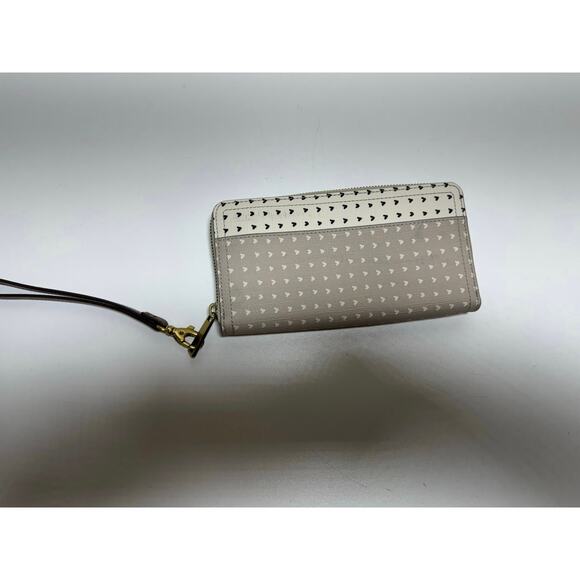 Fossil Clutch Wristlet Wallet Taupe Tan Multi Heart Patterned Canvas Zip Around - Picture 8 of 10